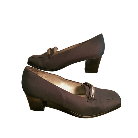 Herman Geist Navy Blue slip-on block heel shoes silver accent woman size 8.5 - Picture 3 of 9